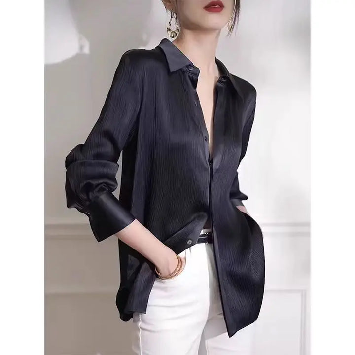 Women's Black Satin Long-Sleeve Blouse – Elegant Loose Office Shirt