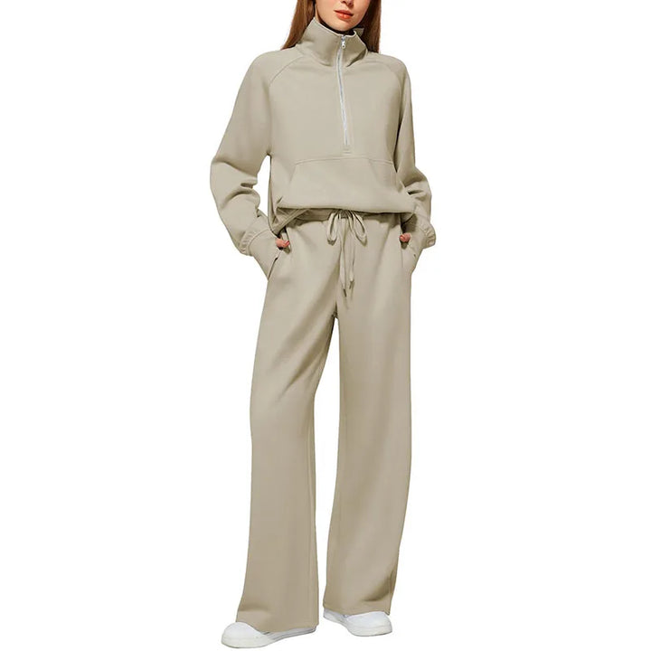 Women’s Sweatshirt Pants Suit – Stand Collar Zipper Jacket & Elastic Drawstring Pants Set