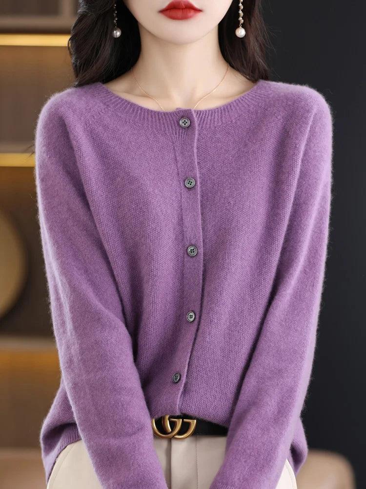 Women’s O-Neck 100% Merino Wool Cashmere Cardigan