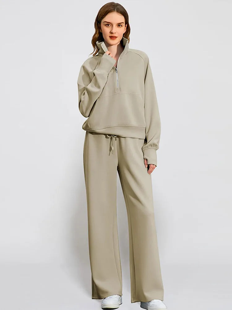 Women’s Sweatshirt Pants Suit – Stand Collar Zipper Jacket & Elastic Drawstring Pants Set