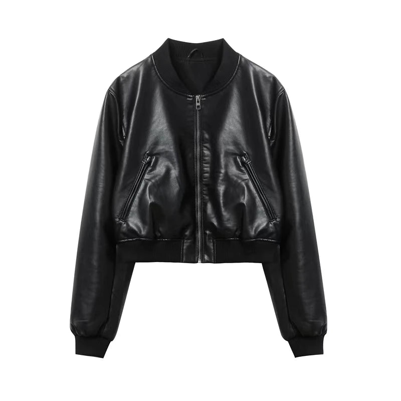 Women's Vintage Faux Leather Bomber Jacket – Short Black Stand Collar Streetwear Coat