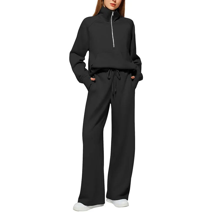 Women’s Sweatshirt Pants Suit – Stand Collar Zipper Jacket & Elastic Drawstring Pants Set