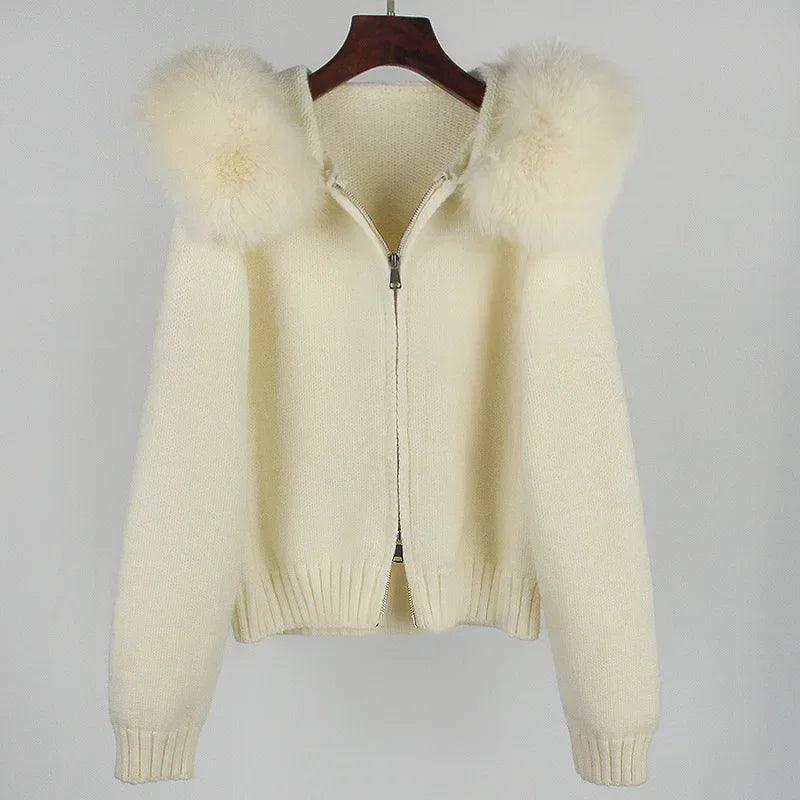 Women's Short Knitted Jacket – Real Fox Fur Collar, Hooded Winter Coat