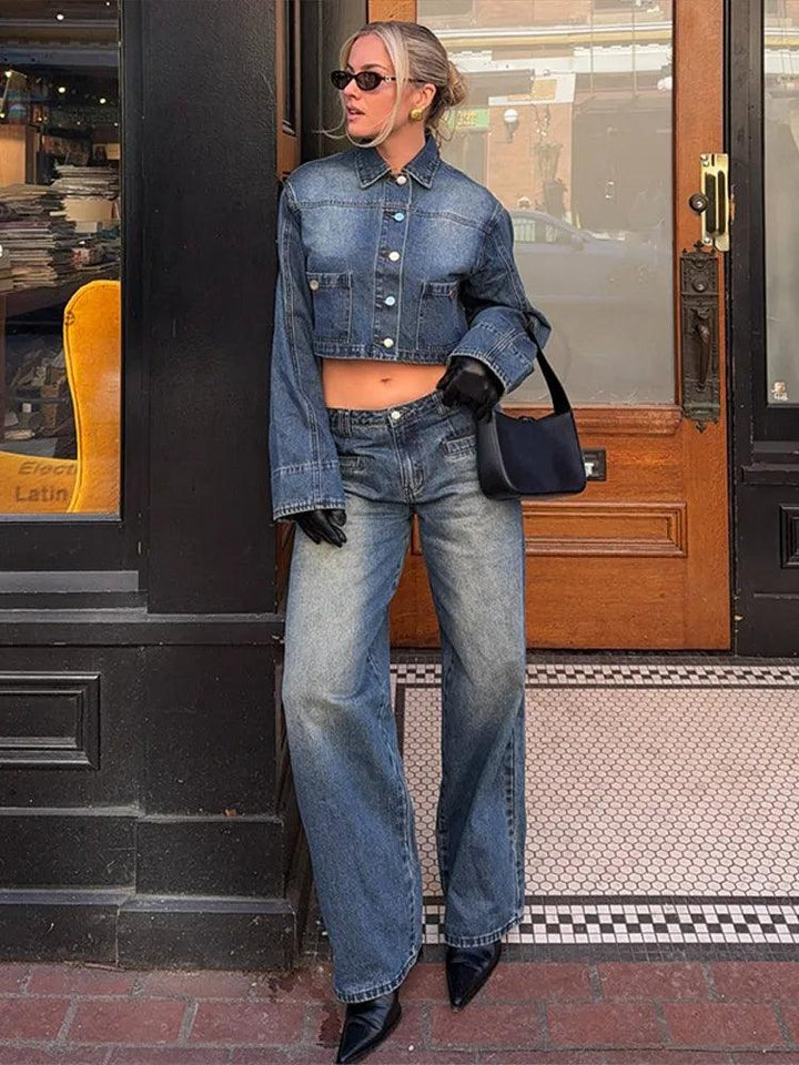 Women's Y2K Denim Set – Blue Crop Jacket & Straight-Leg Jeans, 2-Piece Casual Outfit