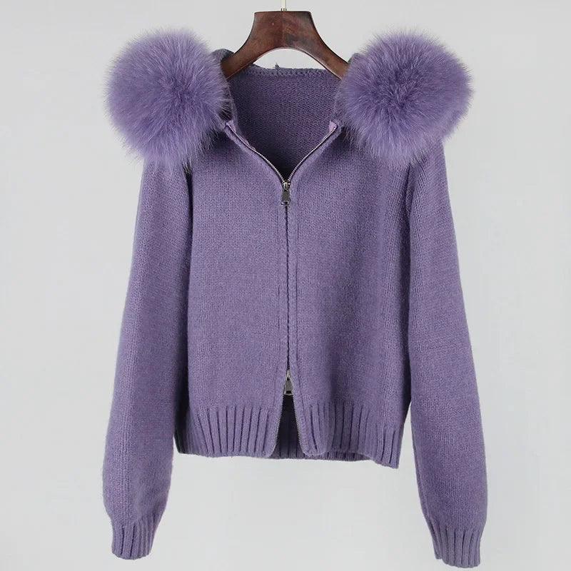 Women's Short Knitted Jacket – Real Fox Fur Collar, Hooded Winter Coat