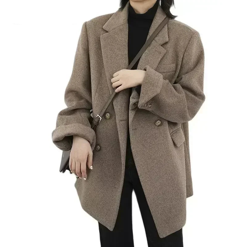 Women's Wool Blend Mid-Length Coat – Thick, Warm, Elegant Office Blazer for Autumn & Winter