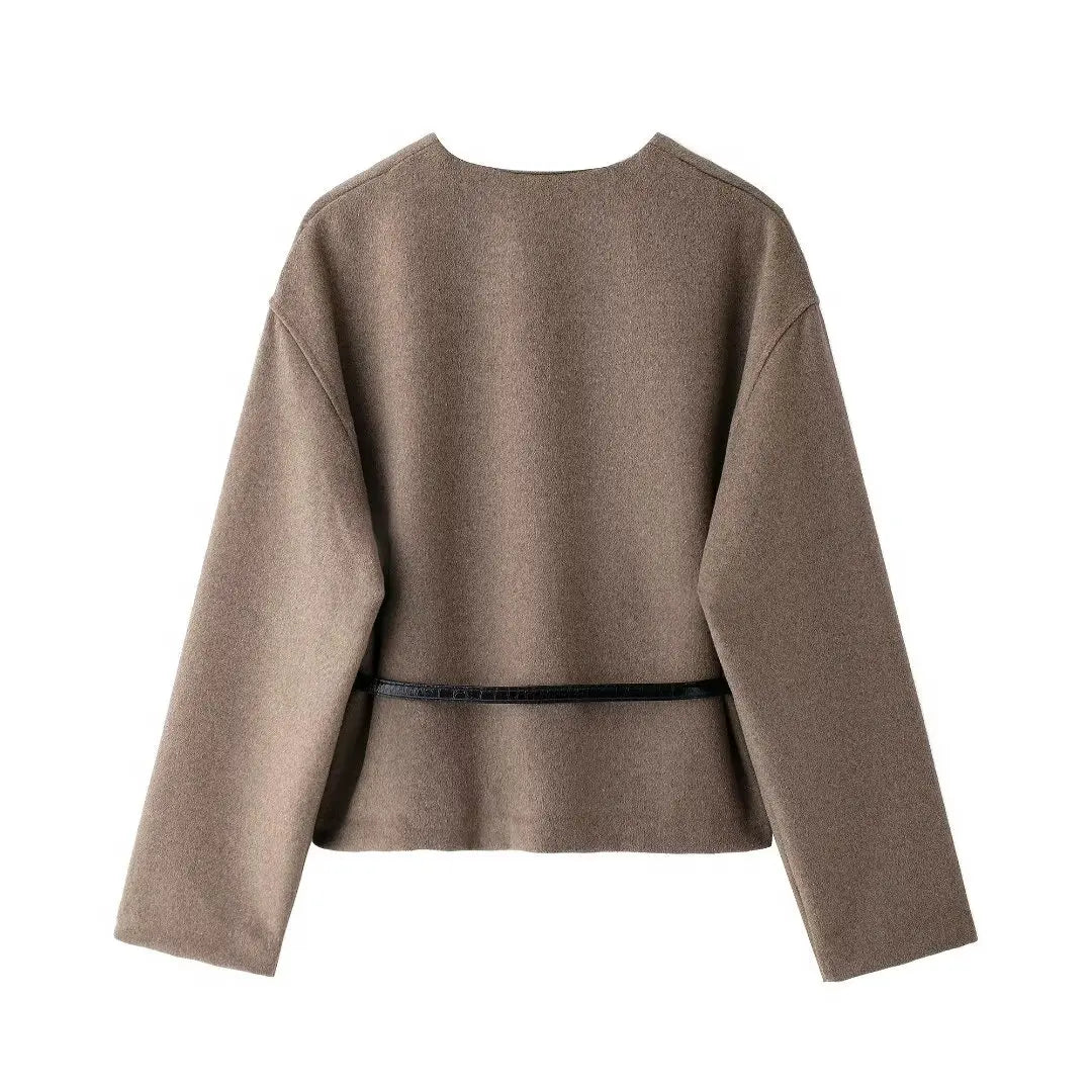 Women's Soft Belted Jacket – Elegant Wrap V-Neck Long Sleeve Outerwear