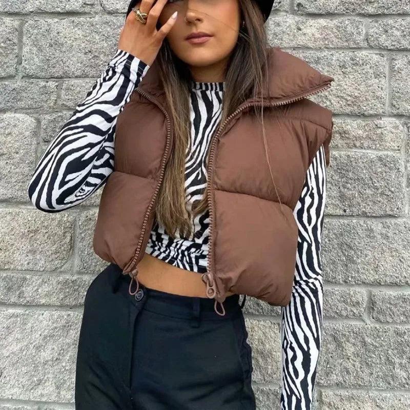 Women's Winter Sleeveless Down Vest – Warm Stand Collar Quilted Cropped Puffer Jacket, Casual Streetwear