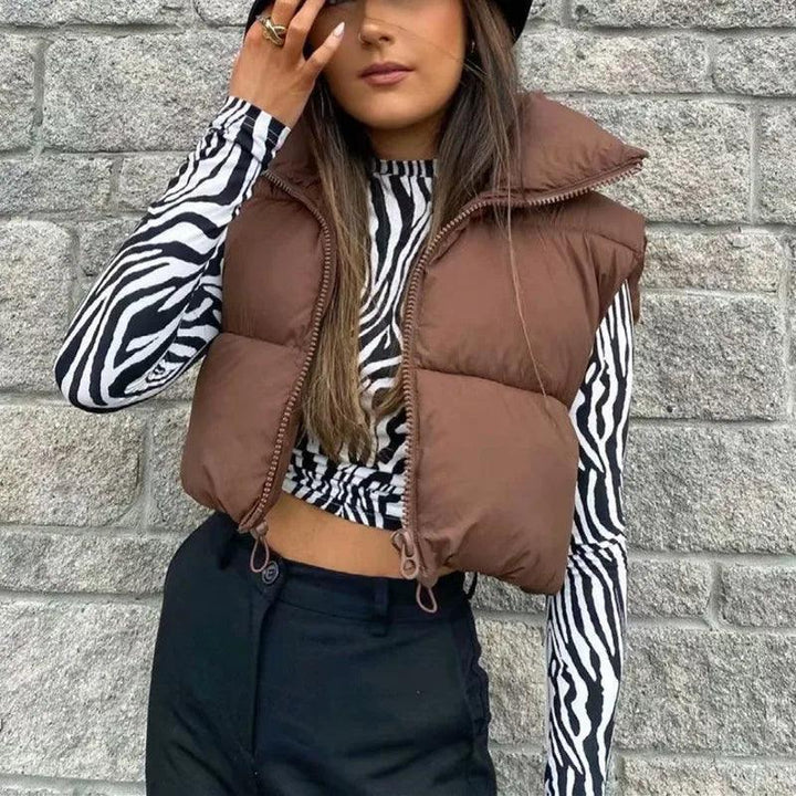 Women's Winter Sleeveless Down Vest – Warm Stand Collar Quilted Cropped Puffer Jacket, Casual Streetwear