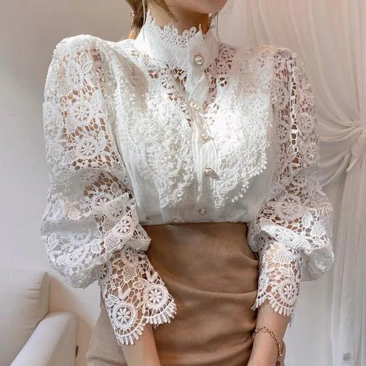 Women's Elegant Lace Blouse – Embroidered Hollow-Out Stand Collar Top