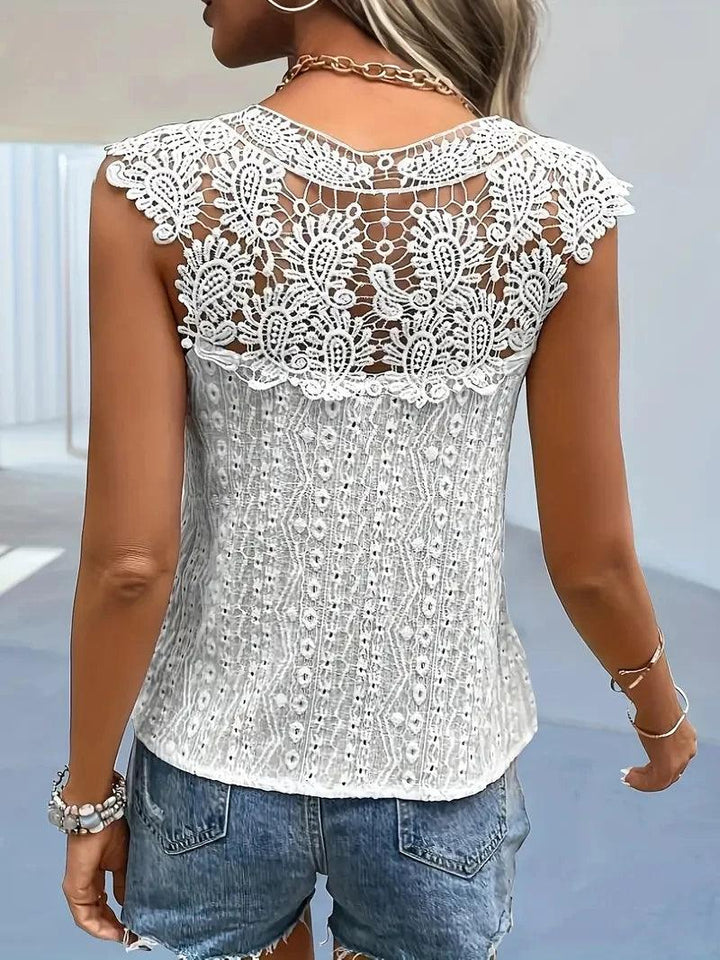 Women's V-Neck Lace Patchwork Sleeveless Vest – Elegant Spring & Summer Pullover Top