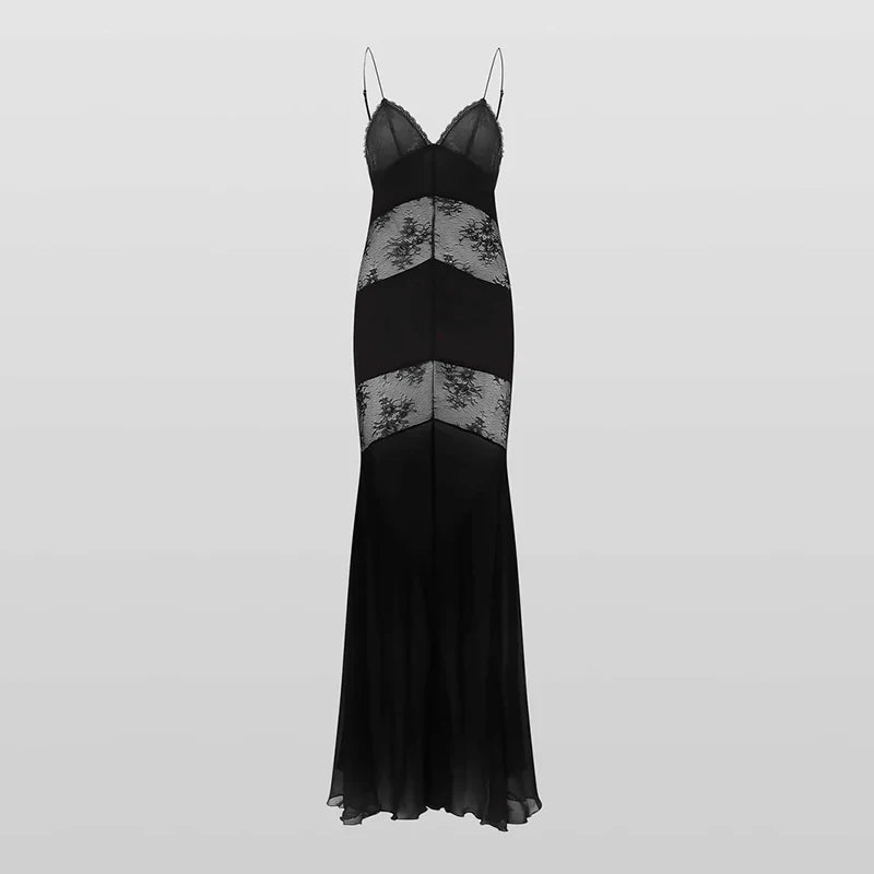 Women's Sexy Black Lace Maxi Dress – Sleeveless, Backless, See-Through Slim Fit Evening Gown