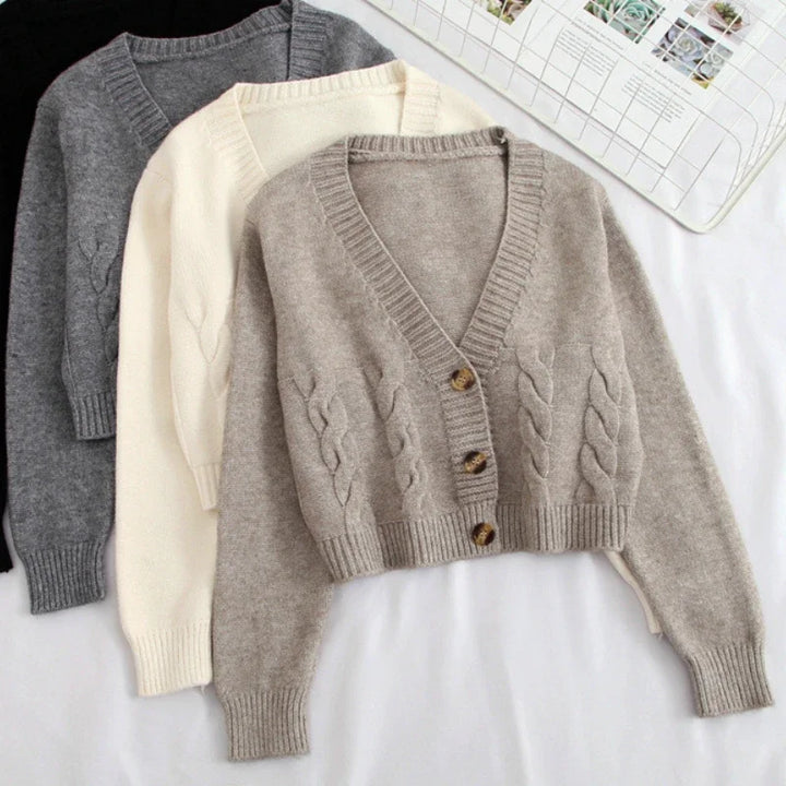 Women's V-Neck Cropped Knit Cardigan – Long Sleeve Twist Sweater Jacket