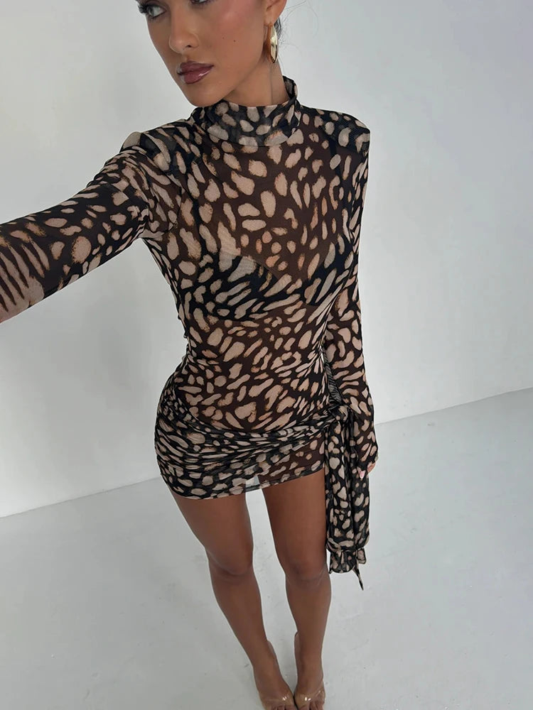 Women's Leopard Print Sheer Mini Dress – Turtleneck, Long Sleeve, Slim Fit Party Dress