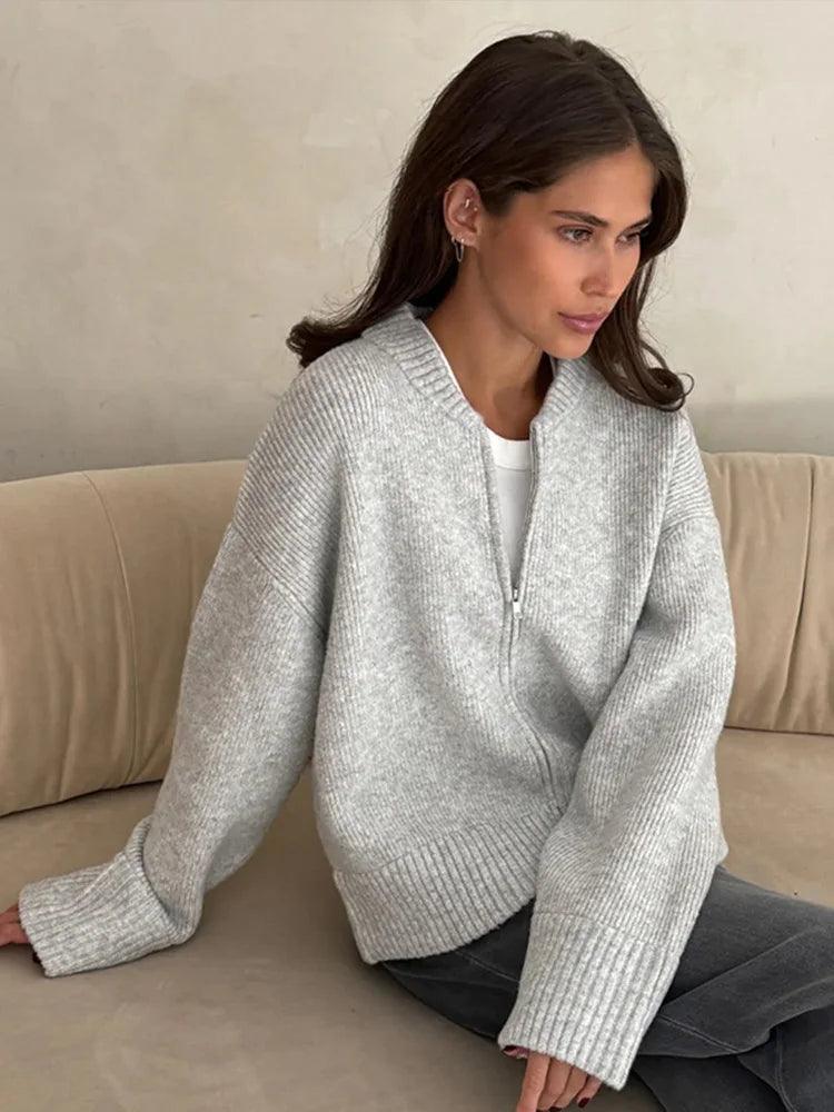 Elegant Knitted Cardigan for Women – O-Neck, Long Sleeve, Zipper Sweater