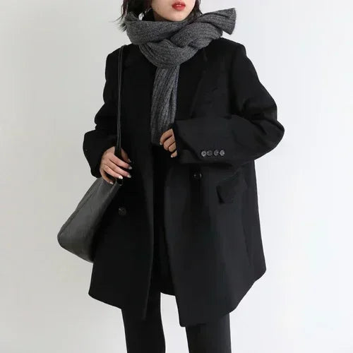 Women's Wool Blend Mid-Length Coat – Thick, Warm, Elegant Office Blazer for Autumn & Winter