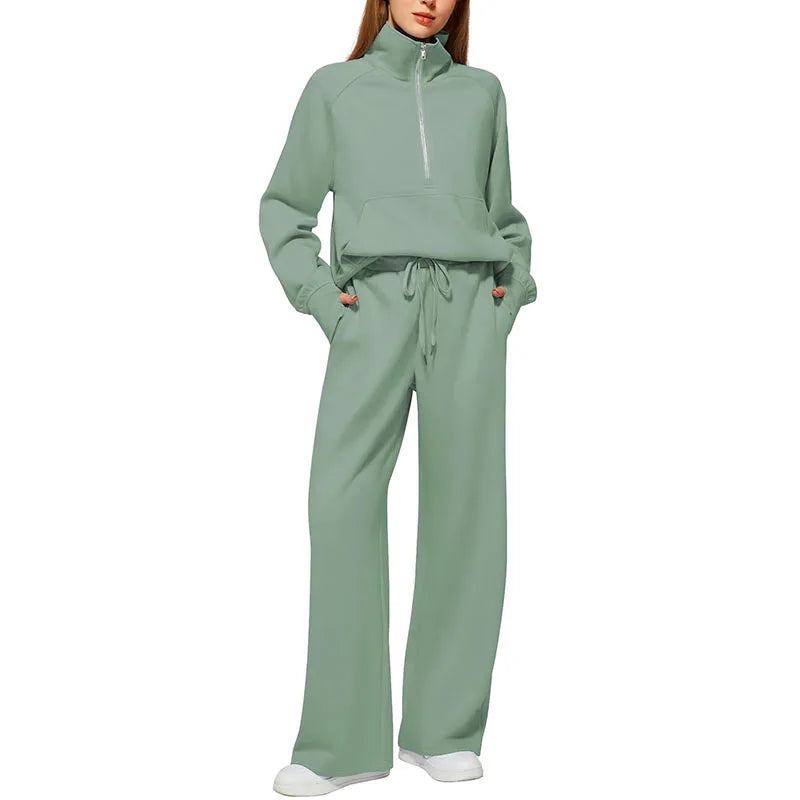 Women’s Sweatshirt Pants Suit – Stand Collar Zipper Jacket & Elastic Drawstring Pants Set