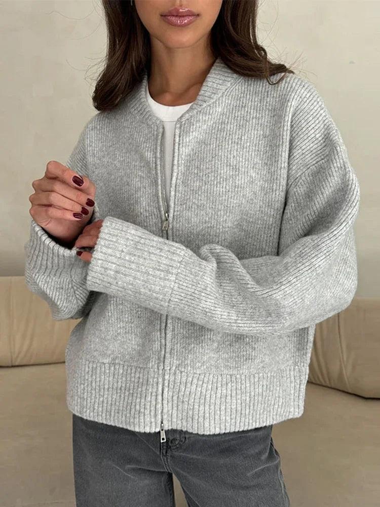 Elegant Knitted Cardigan for Women – O-Neck, Long Sleeve, Zipper Sweater