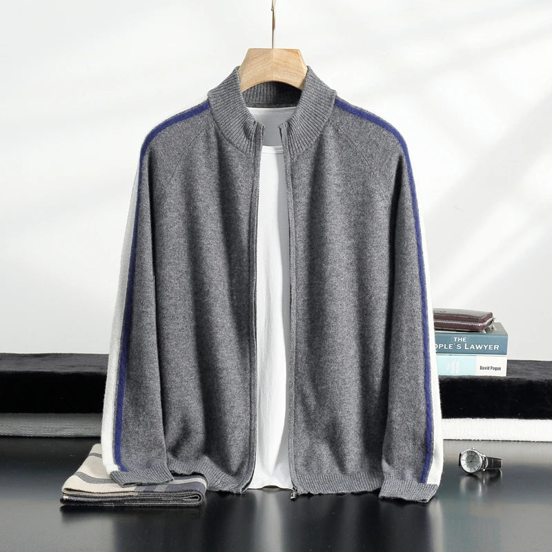 Men’s 100% Cashmere Jacquard Knitted Jacket – Half-High Collar Zipper Cardigan