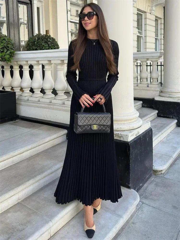 Lace-Up Knit Maxi Dress – Elegant Autumn High Waist Patchwork Dress