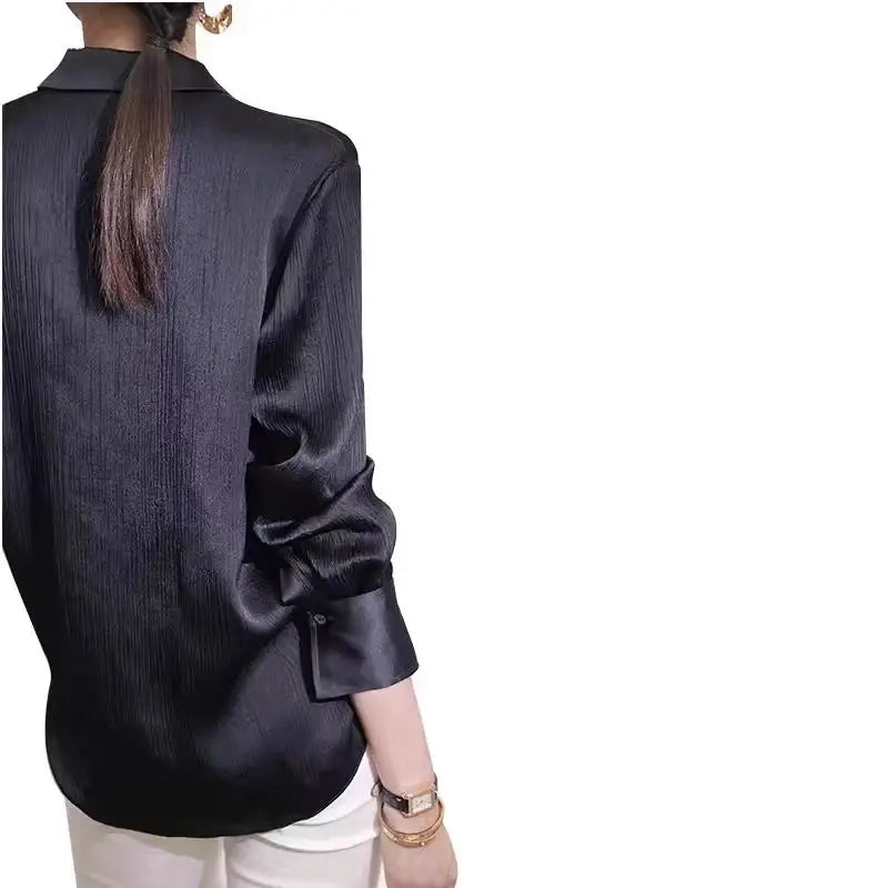 Women's Black Satin Long-Sleeve Blouse – Elegant Loose Office Shirt