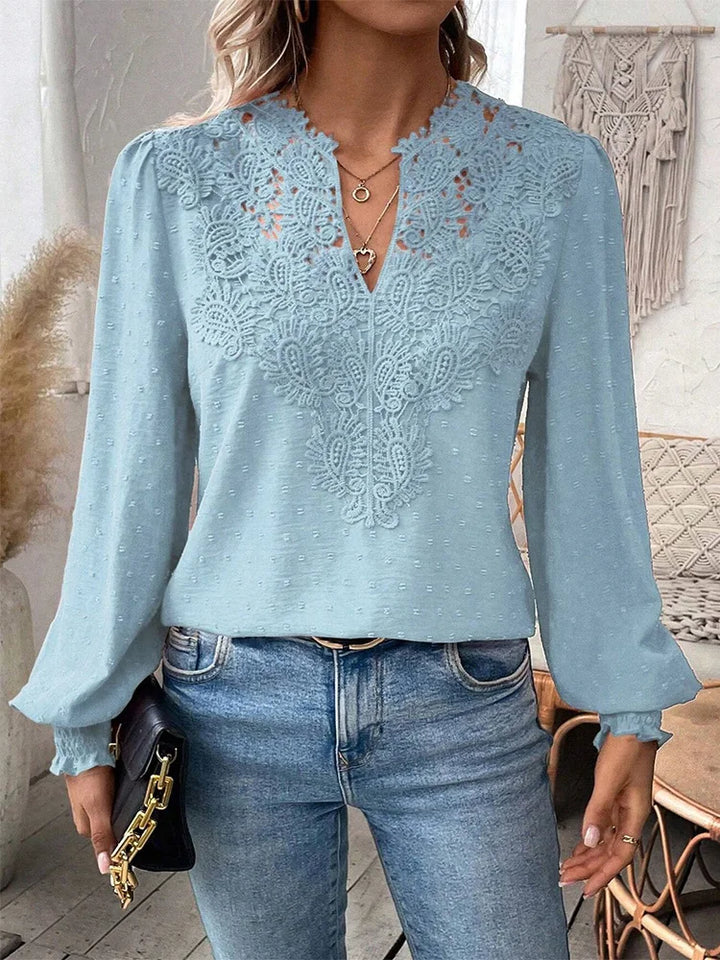 Women's Elegant Lace V-Neck Blouse – Hollowed Long Sleeve Office Shirt