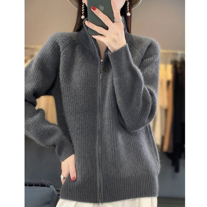 100% Pure Wool Zipper Cardigan – Women's Cashmere Knitted Coat