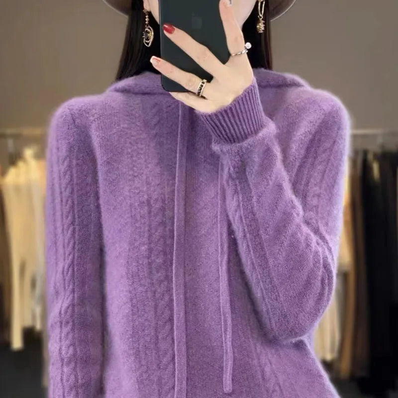 Knitted Hooded Sweater – Women's Casual Wool Long-Sleeve Top