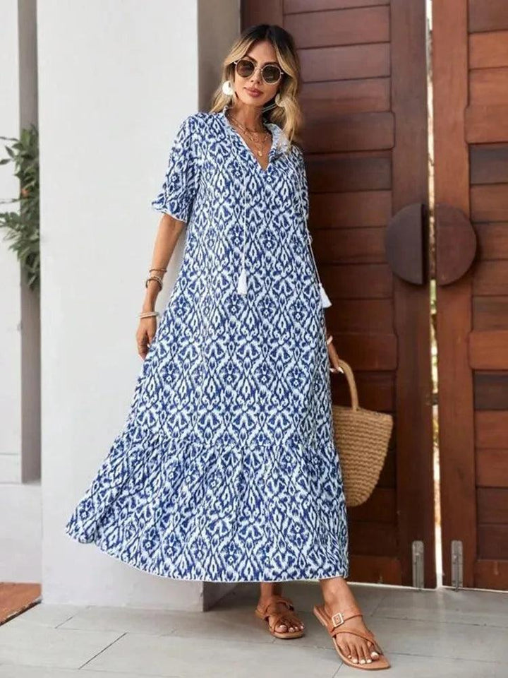 Women's Floral Chiffon Maxi Dress – V-Neck, Short Sleeve, Boho Flowy A-Line Summer Dress