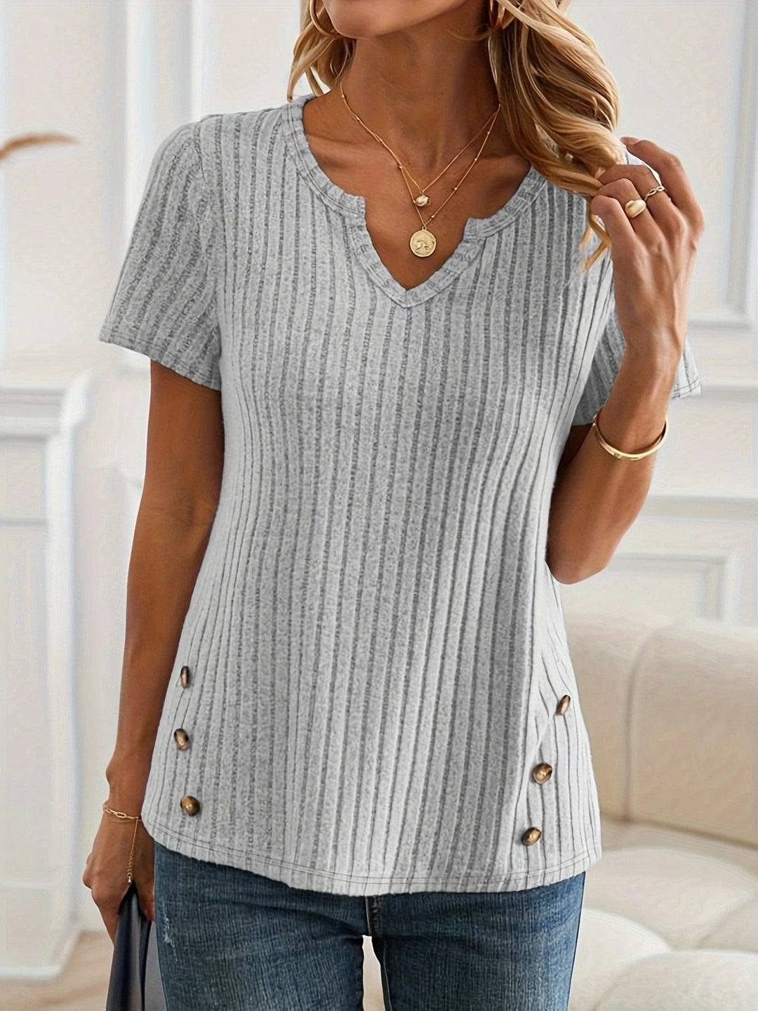 Casual Chic Ribbed T-Shirt with Button Detail