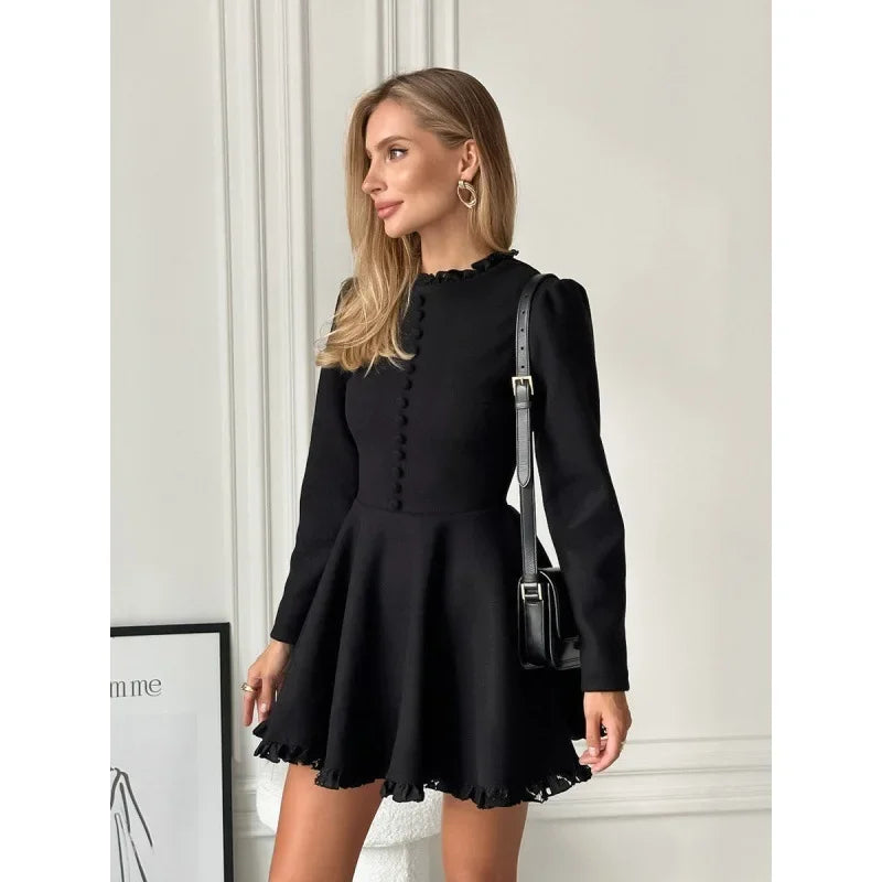 Women's Elegant Black Mini Dress – Round Neck, Long Sleeve, Waist Detail, Fall/Winter Fashion