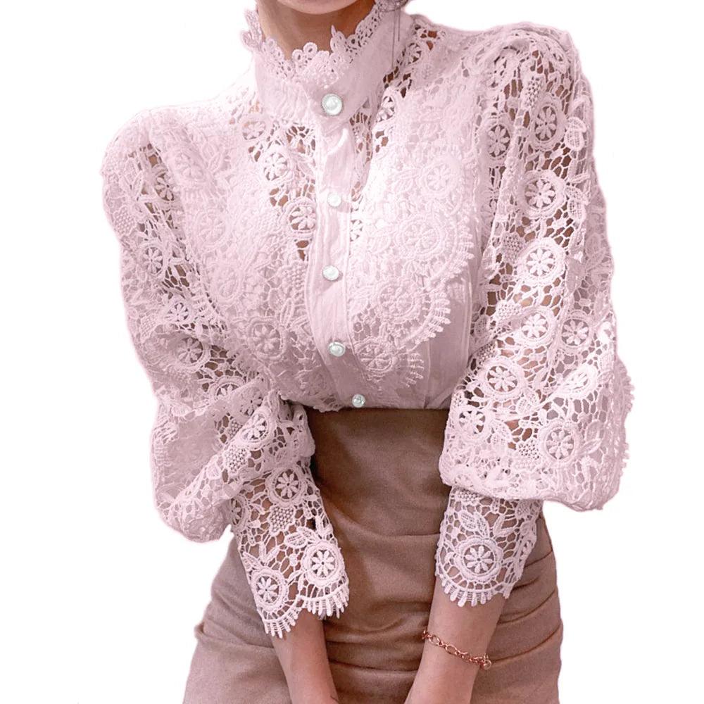 Women's Elegant Lace Blouse – Embroidered Hollow-Out Stand Collar Top