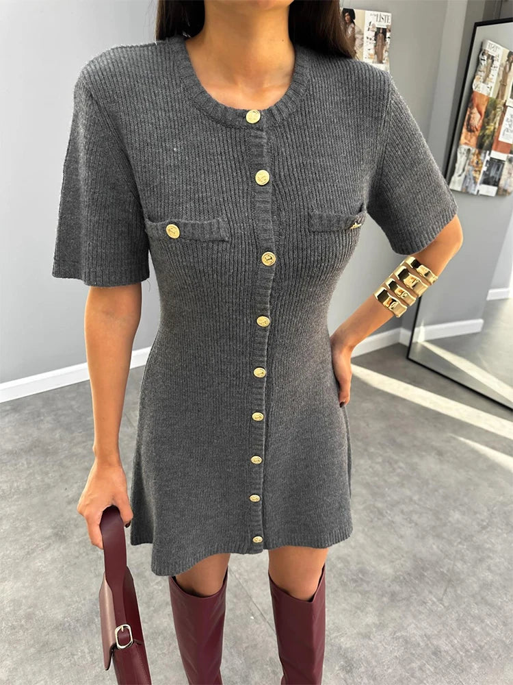 Women's Elegant Knit Mini Dress – Slim Fit, High Waist, Short Sleeve, Ribbed Sweater Dress