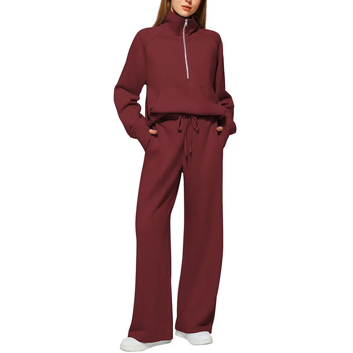 Women’s Sweatshirt Pants Suit – Stand Collar Zipper Jacket & Elastic Drawstring Pants Set