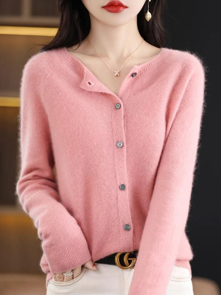 Women’s O-Neck 100% Merino Wool Cashmere Cardigan