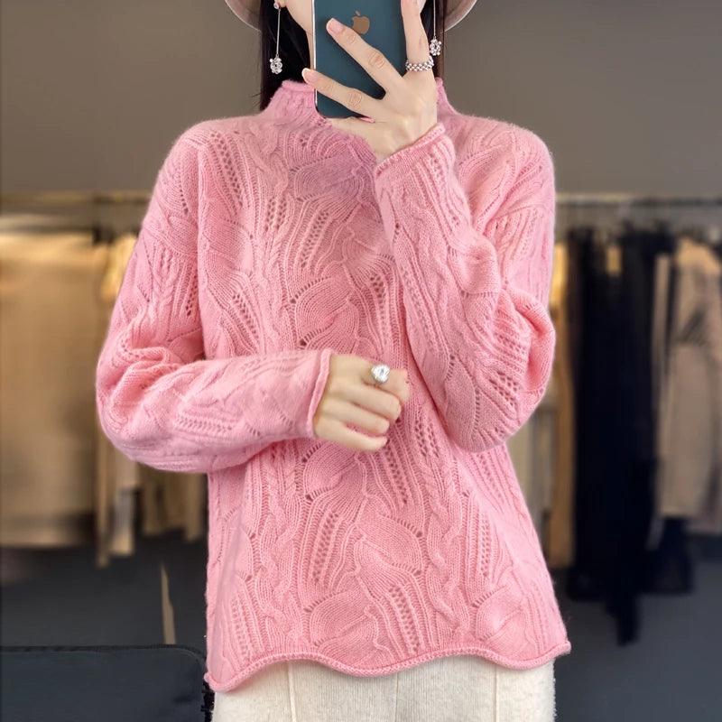 Women's Knitted Hollow Half High Collar Sweater