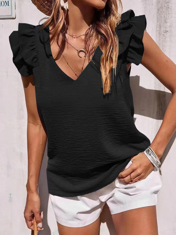 Women's V-Neck Ruffled Vest Top – Casual Sleeveless Summer Shirt