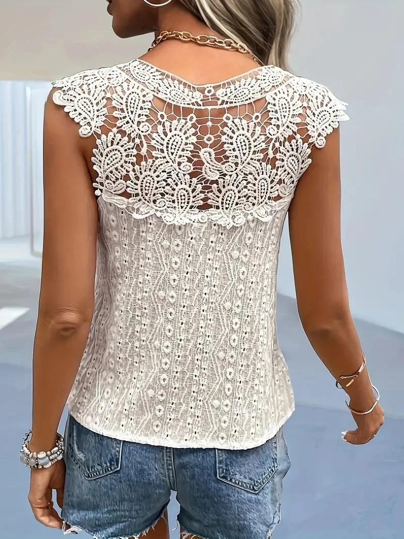 Women's V-Neck Lace Patchwork Sleeveless Vest – Elegant Spring & Summer Pullover Top