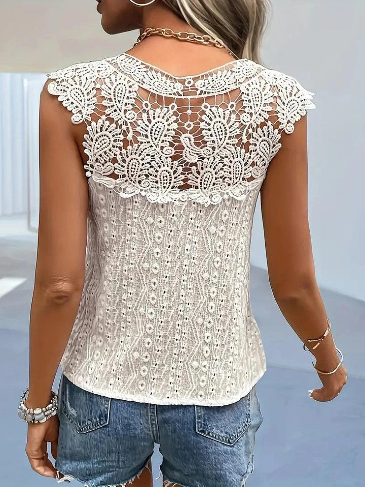 Women's V-Neck Lace Patchwork Sleeveless Vest – Elegant Spring & Summer Pullover Top