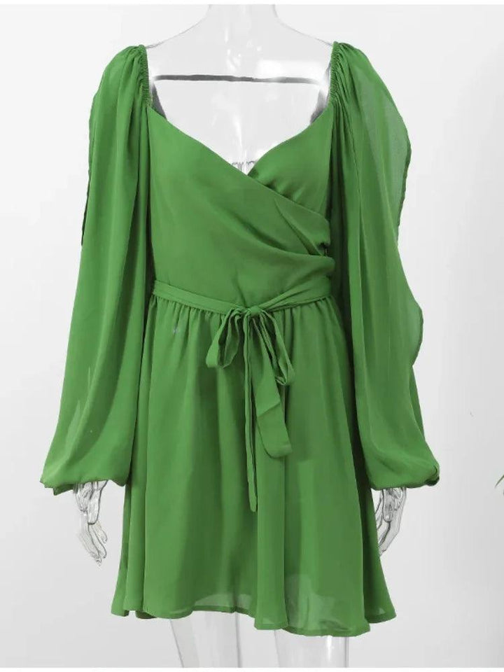 Women's Green Backless Mini Dress – Lace-Up, Ruffle Sleeves, Casual Holiday Outfit