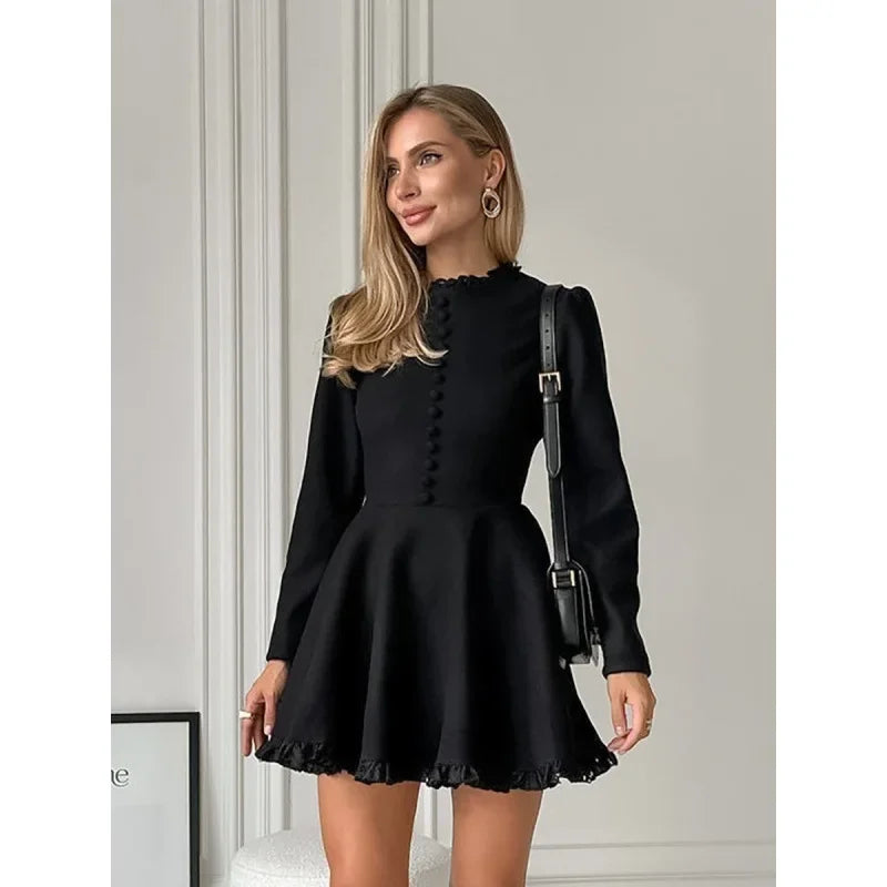 Women's Elegant Black Mini Dress – Round Neck, Long Sleeve, Waist Detail, Fall/Winter Fashion