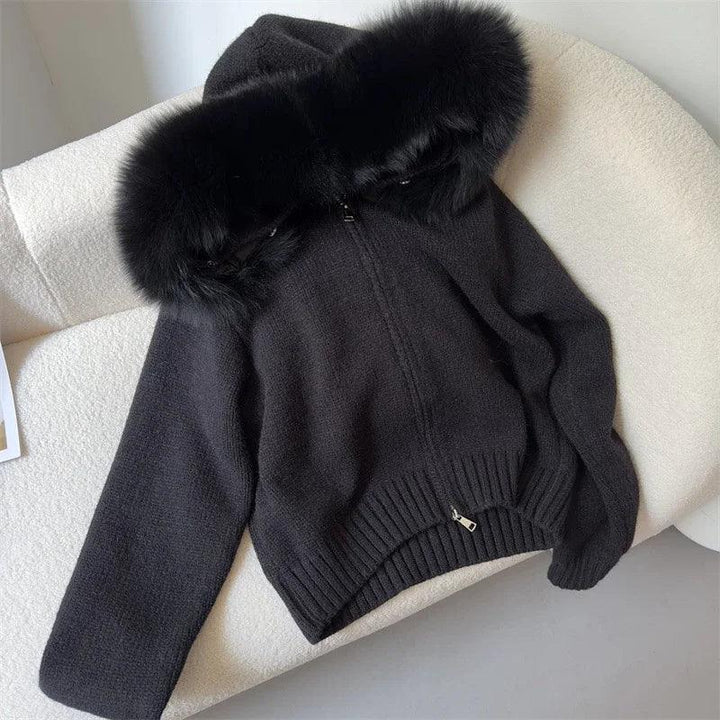 Women's Short Knitted Jacket – Real Fox Fur Collar, Hooded Winter Coat