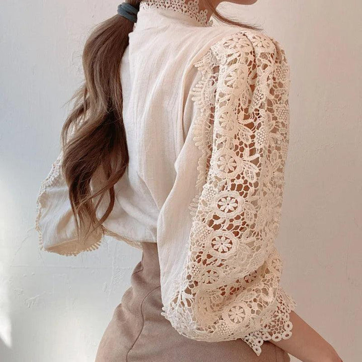 Women's Elegant Lace Blouse – Embroidered Hollow-Out Stand Collar Top