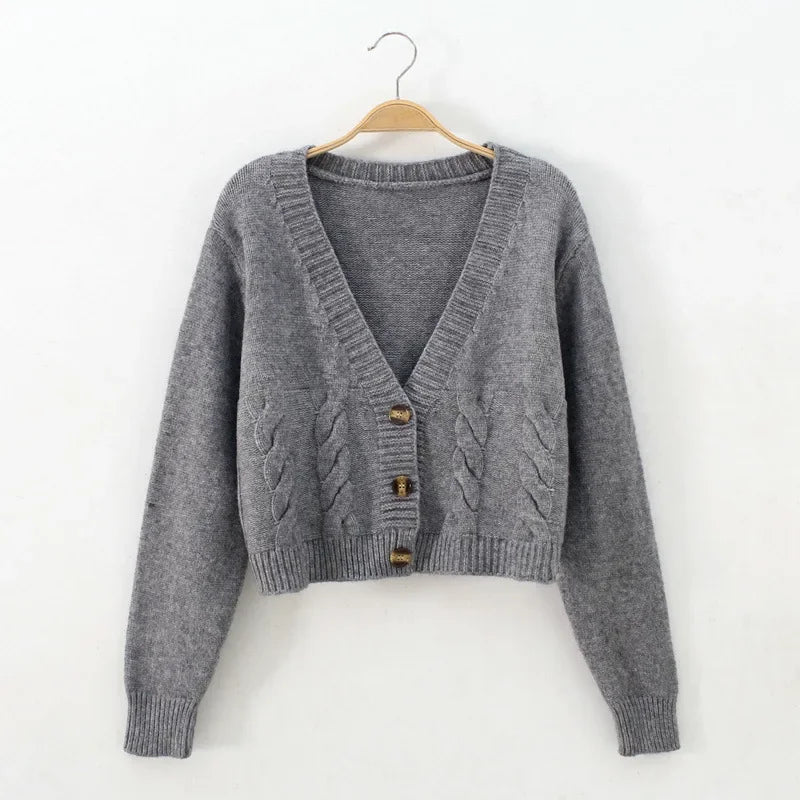 Women's V-Neck Cropped Knit Cardigan – Long Sleeve Twist Sweater Jacket