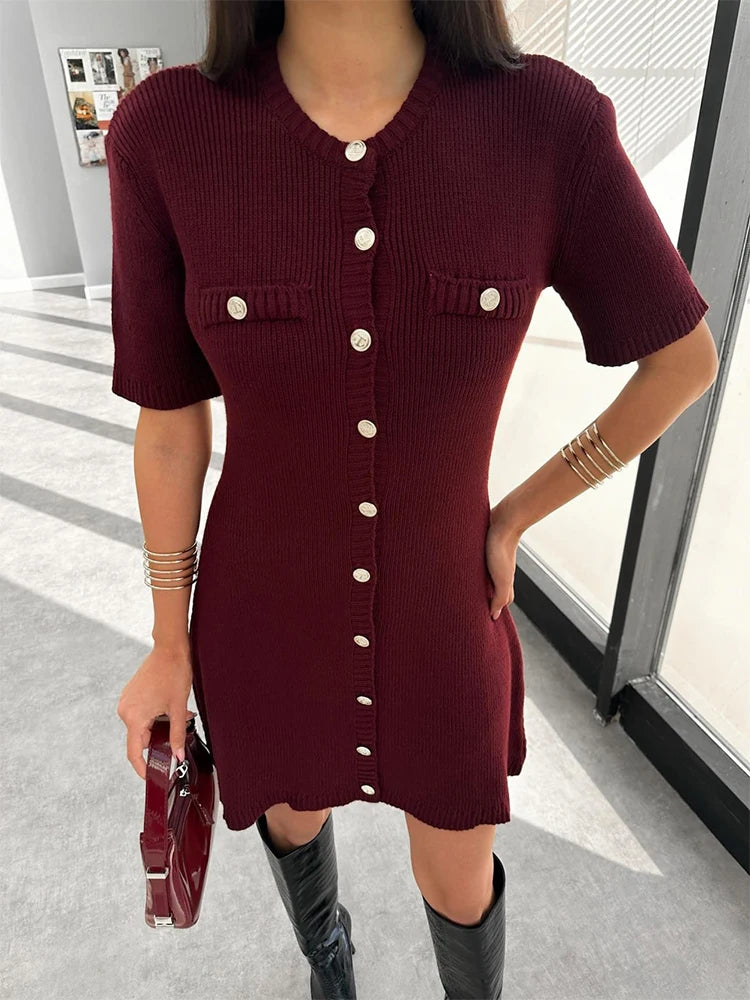 Women's Elegant Knit Mini Dress – Slim Fit, High Waist, Short Sleeve, Ribbed Sweater Dress