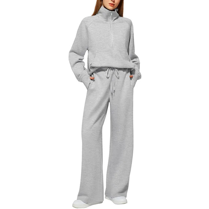 Women’s Sweatshirt Pants Suit – Stand Collar Zipper Jacket & Elastic Drawstring Pants Set