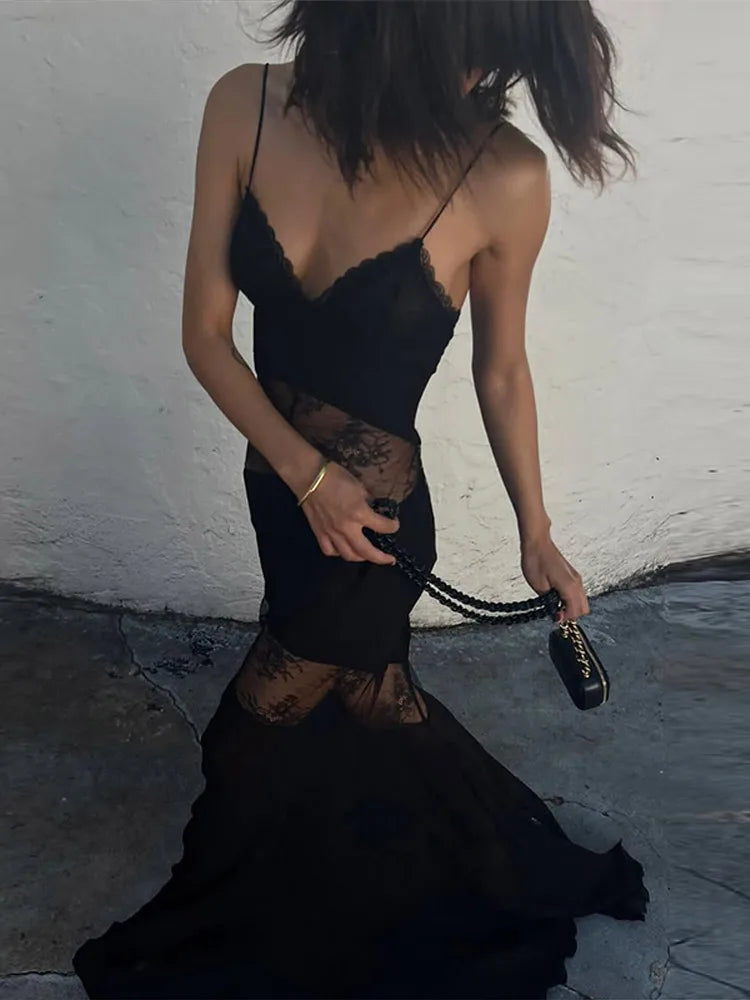 Women's Sexy Black Lace Maxi Dress – Sleeveless, Backless, See-Through Slim Fit Evening Gown