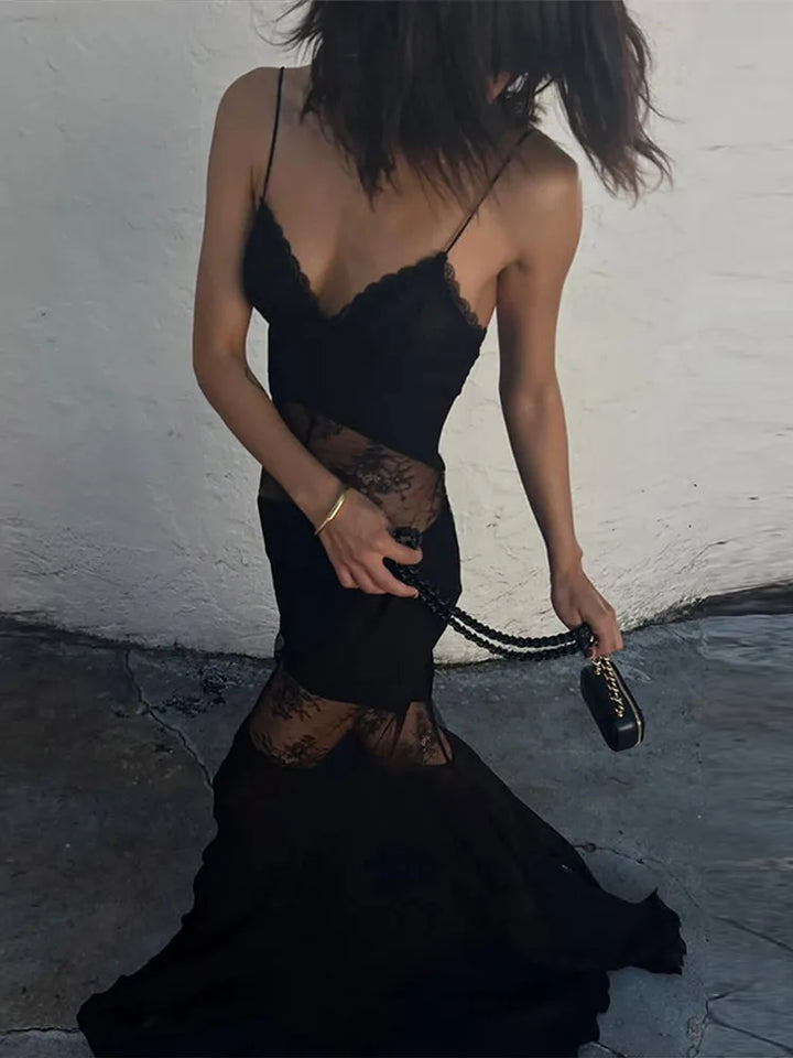 Women's Sexy Black Lace Maxi Dress – Sleeveless, Backless, See-Through Slim Fit Evening Gown