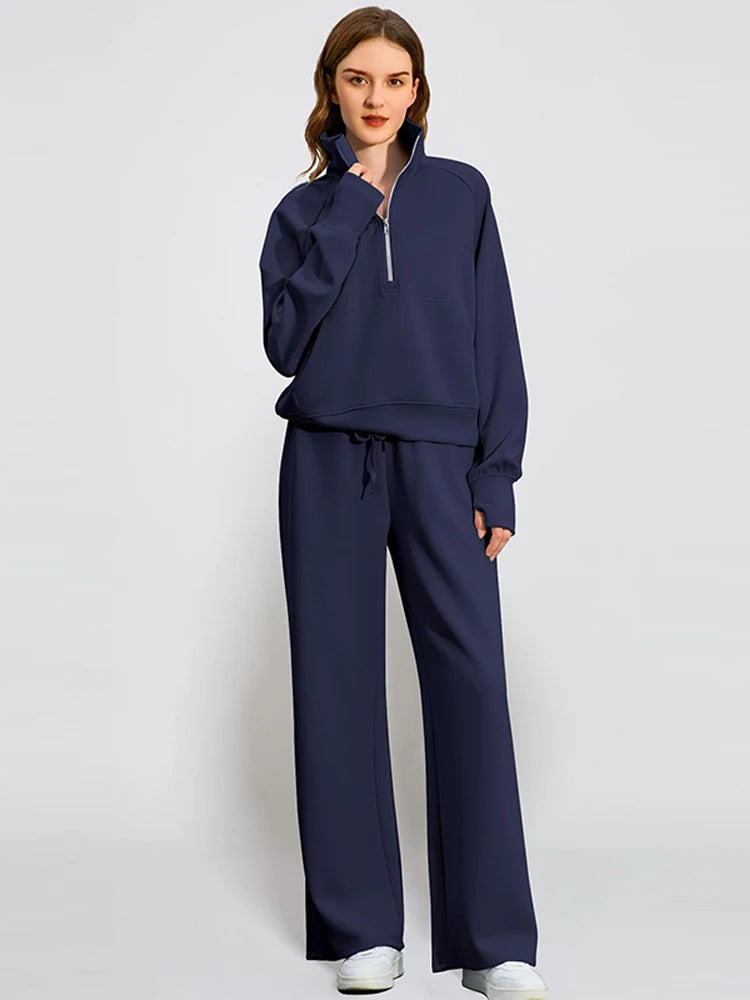 Women’s Sweatshirt Pants Suit – Stand Collar Zipper Jacket & Elastic Drawstring Pants Set