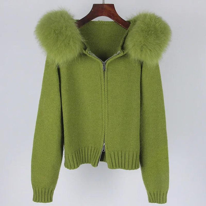 Women's Short Knitted Jacket – Real Fox Fur Collar, Hooded Winter Coat